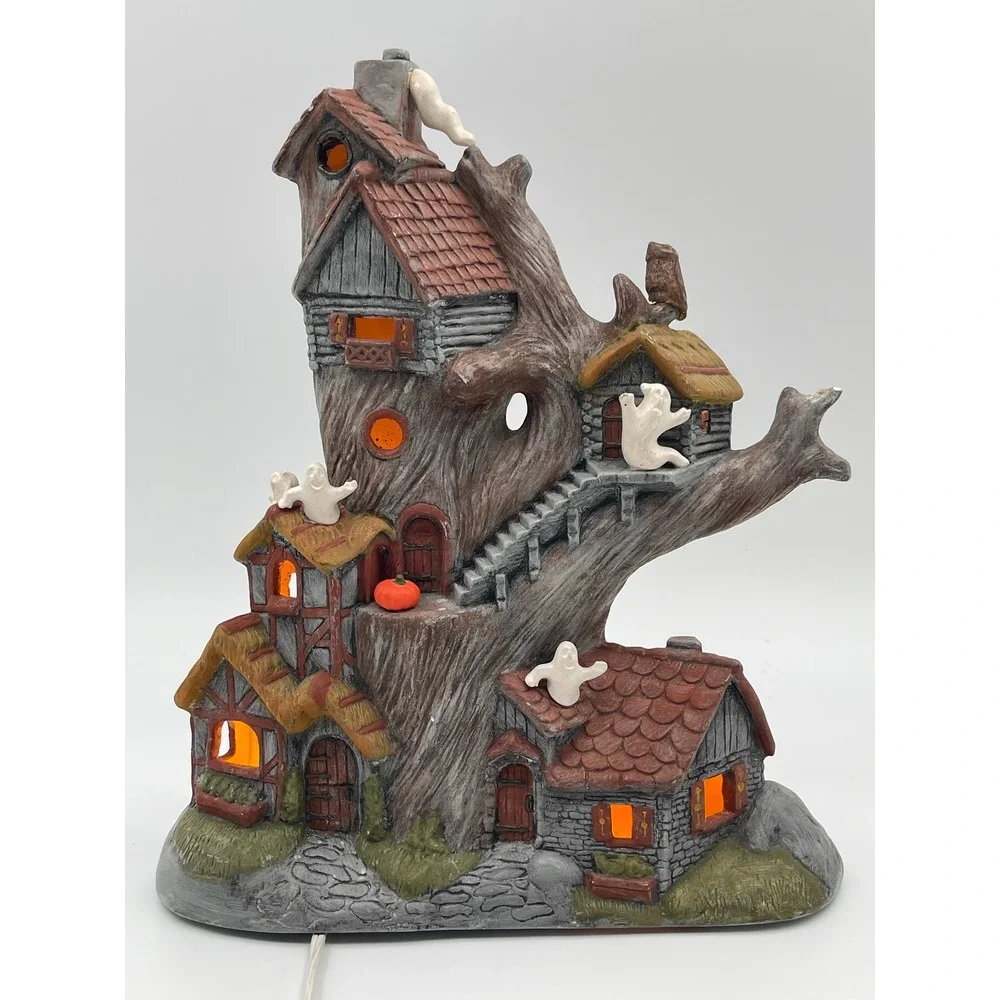 Vintage Halloween Haunted Tree House Ceramic Lighted Village Ghost Pumpkin Owl